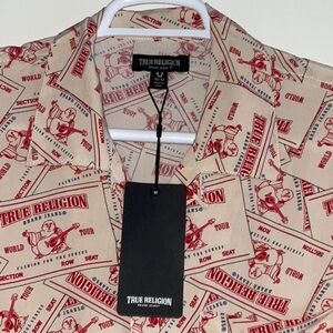 TRUE RELIGION ALL OVER PRINT RED BUDDHA TAG VISCOSE CAMP SHIRT S NWT $79